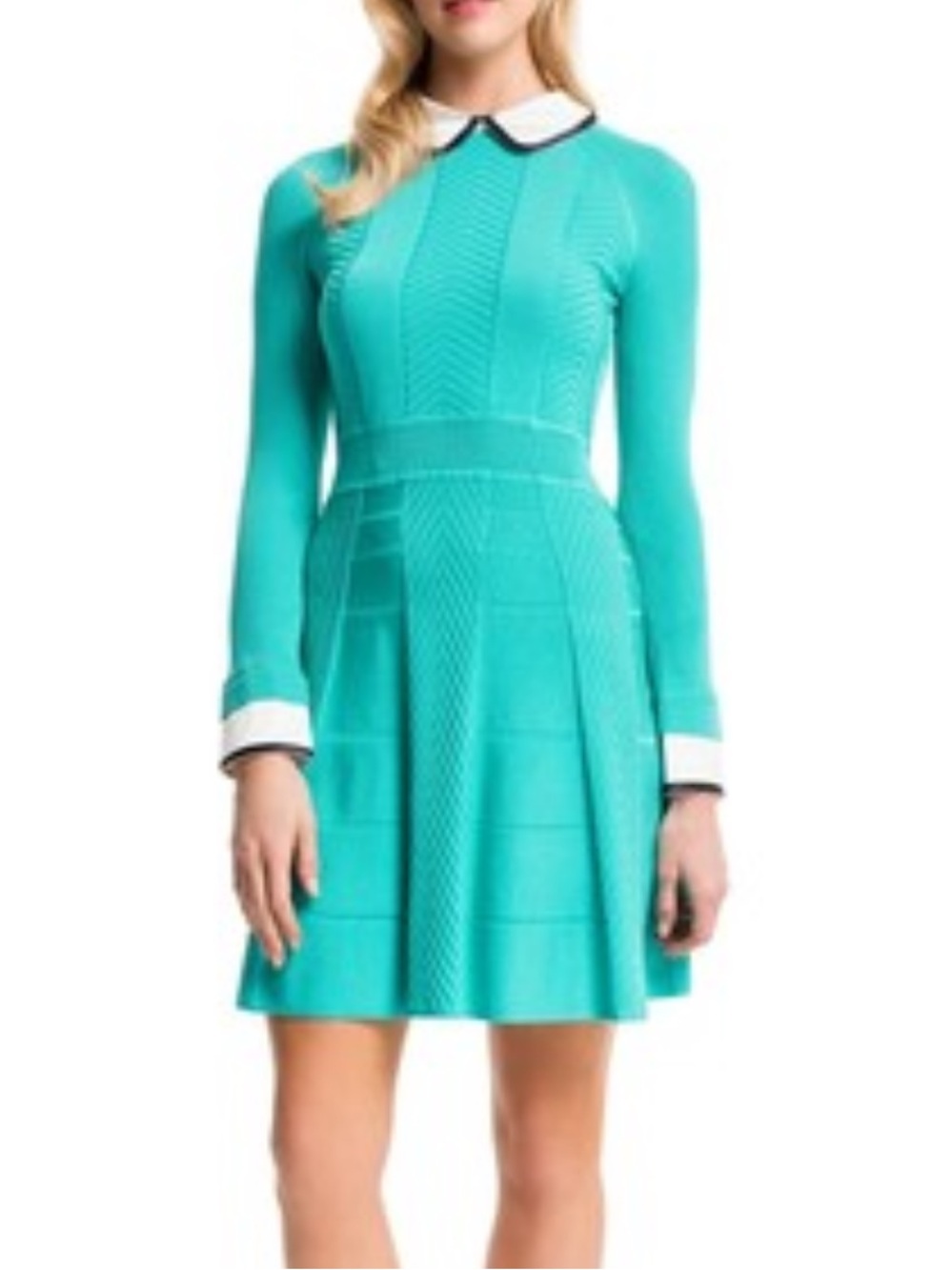 Cynthia Steffe Mixed-Knit Dress w/Collar & Cuffs, Aqua Crush